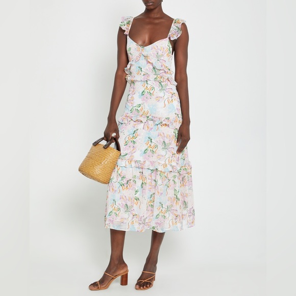 🔥🔥🔥NEW Anthropologie O.P.T Ingrid Floral Ruffle Midi Dress - Picture 3 of 15